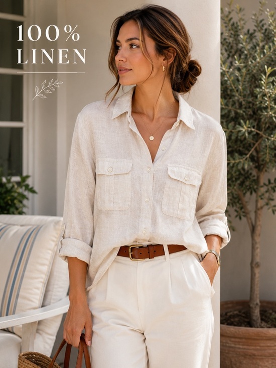 Lands' End Tops - Lands’ End 100% Linen Button Front Shirt Beige Coastal Old Money Size Small